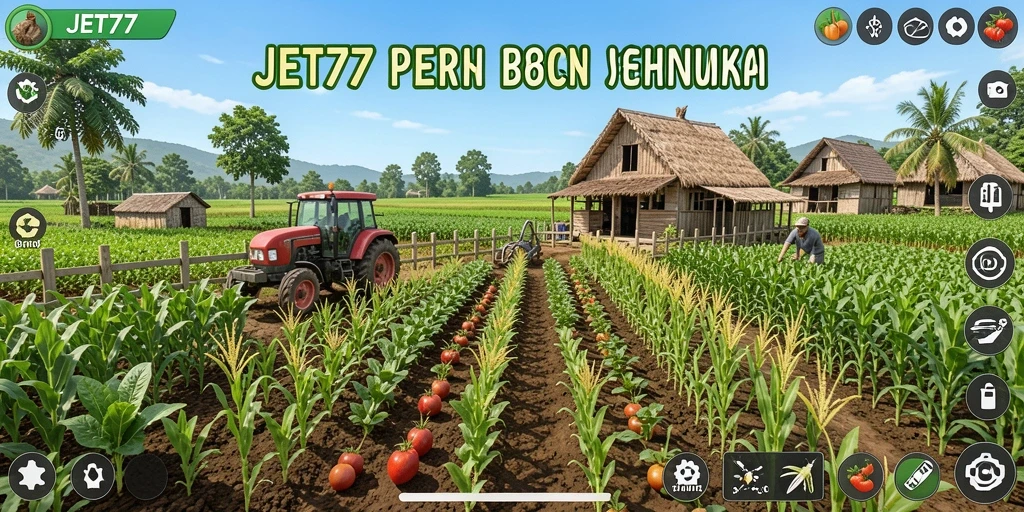Tampilan gameplay <strong>JET77</strong> yang menampilkan aktivitas bertani yang seru dan menarik.